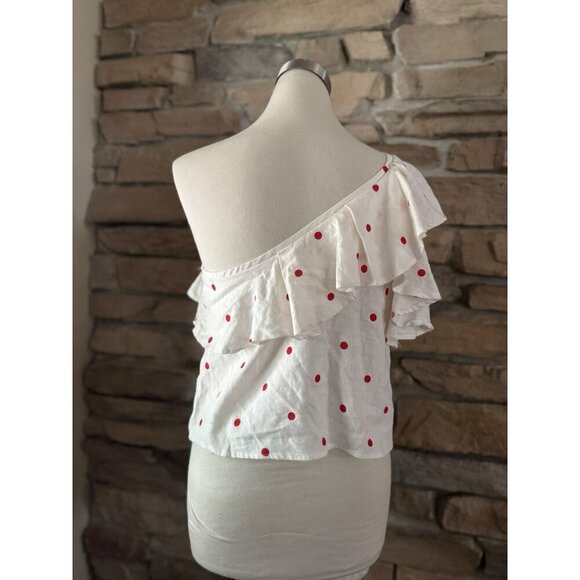 Mi Ami Francesca’s Piper Cold Shoulder Red White Polka Dot Ruffle Top Sz S Linen - Picture 4 of 12